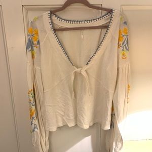 Free People Cotton Top with Embroidered Sleeves